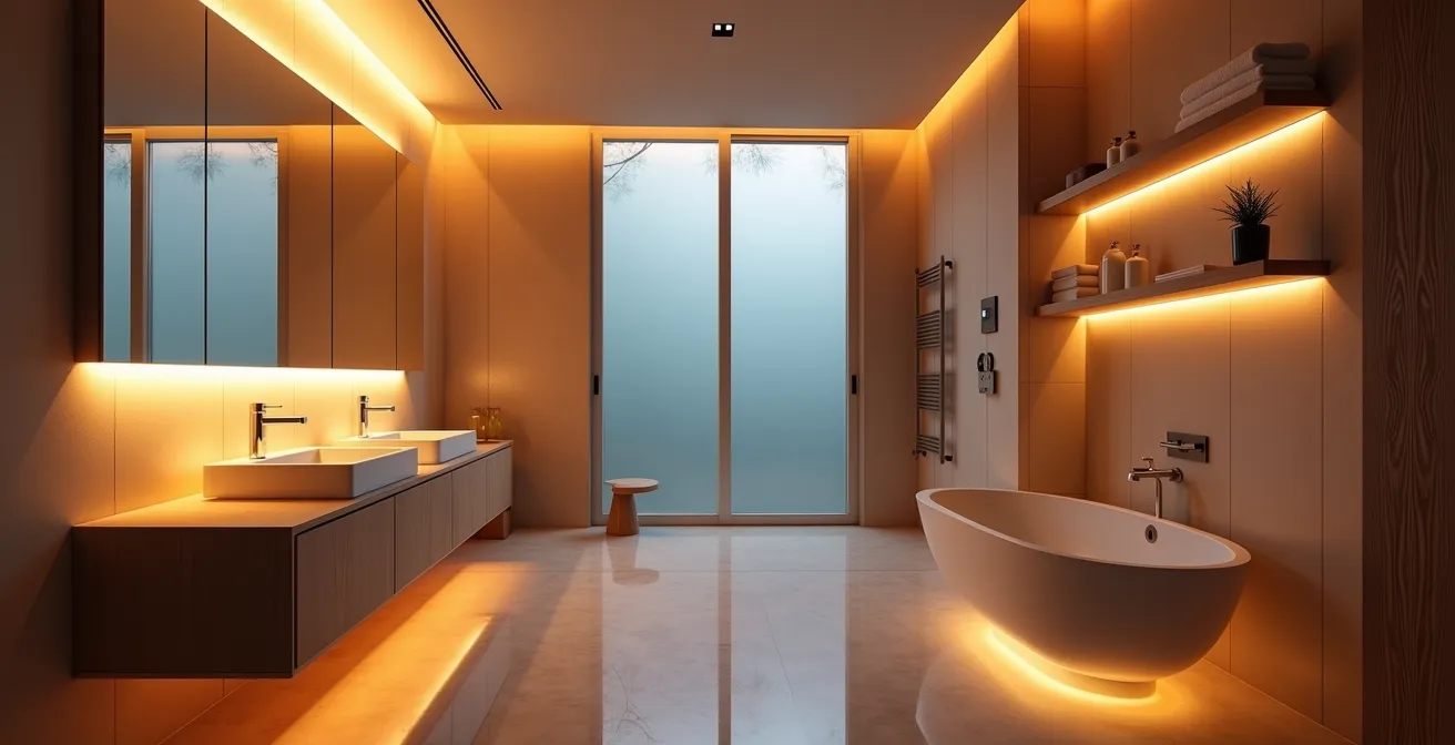 Salle de bain minimaliste avec éclairage tamisé du soir créant une atmosphère zen
