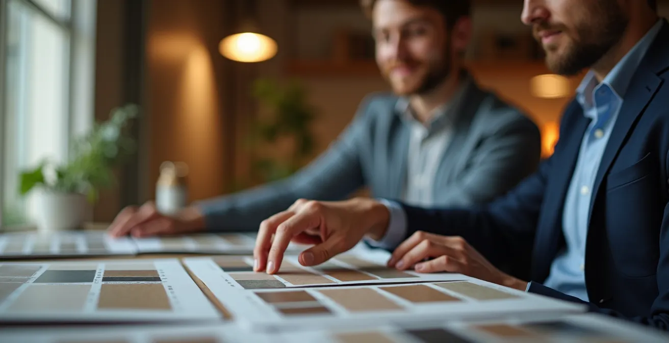 Moment d'échange entre architecte et client autour d'échantillons de matériaux
