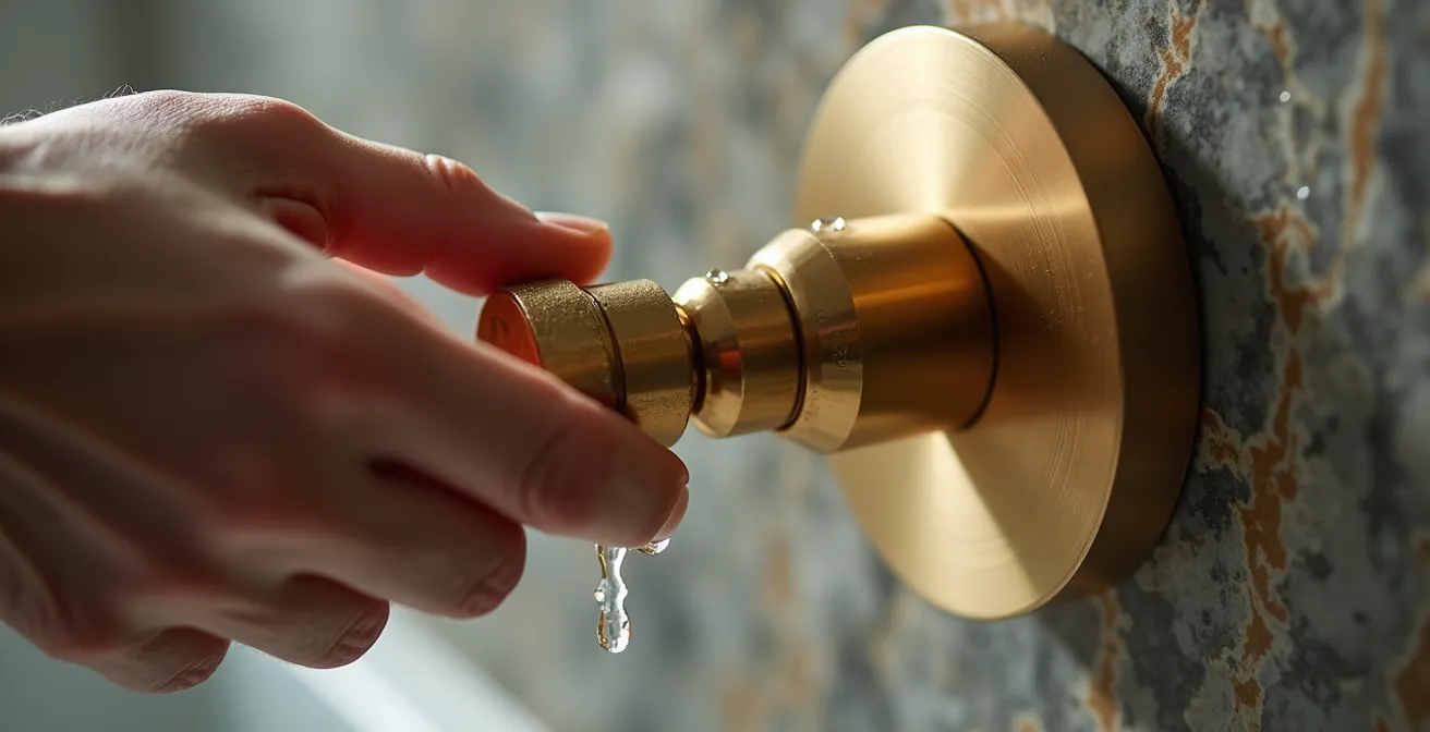 Main ajustant un robinet thermostatique moderne avec finitions dorées