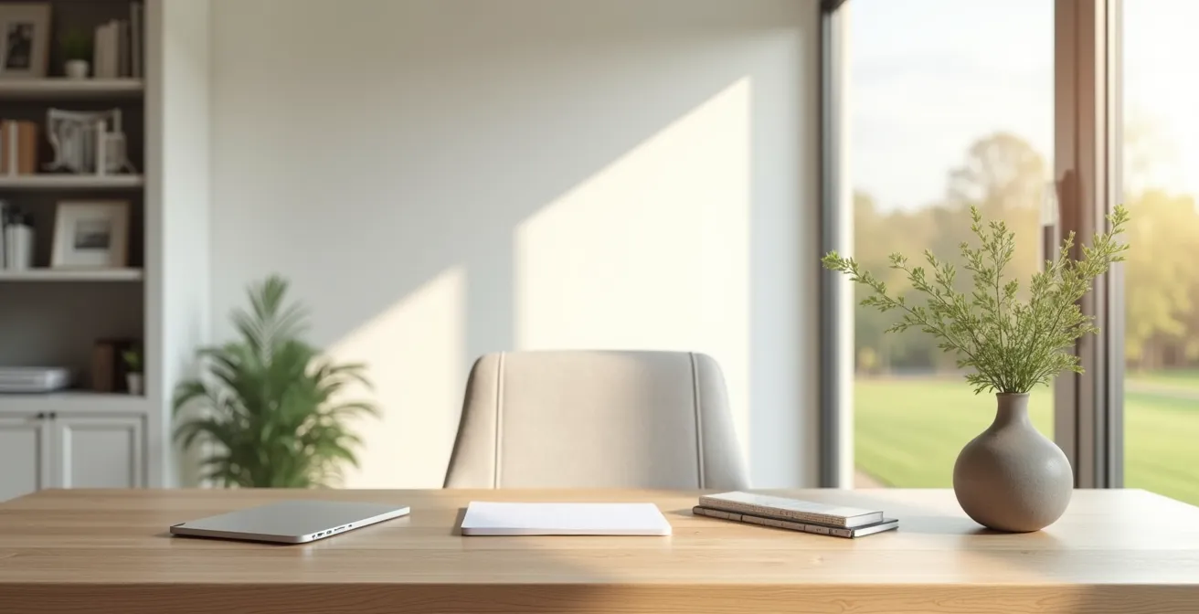 Bureau moderne minimaliste avec vue sur jardin vendéen