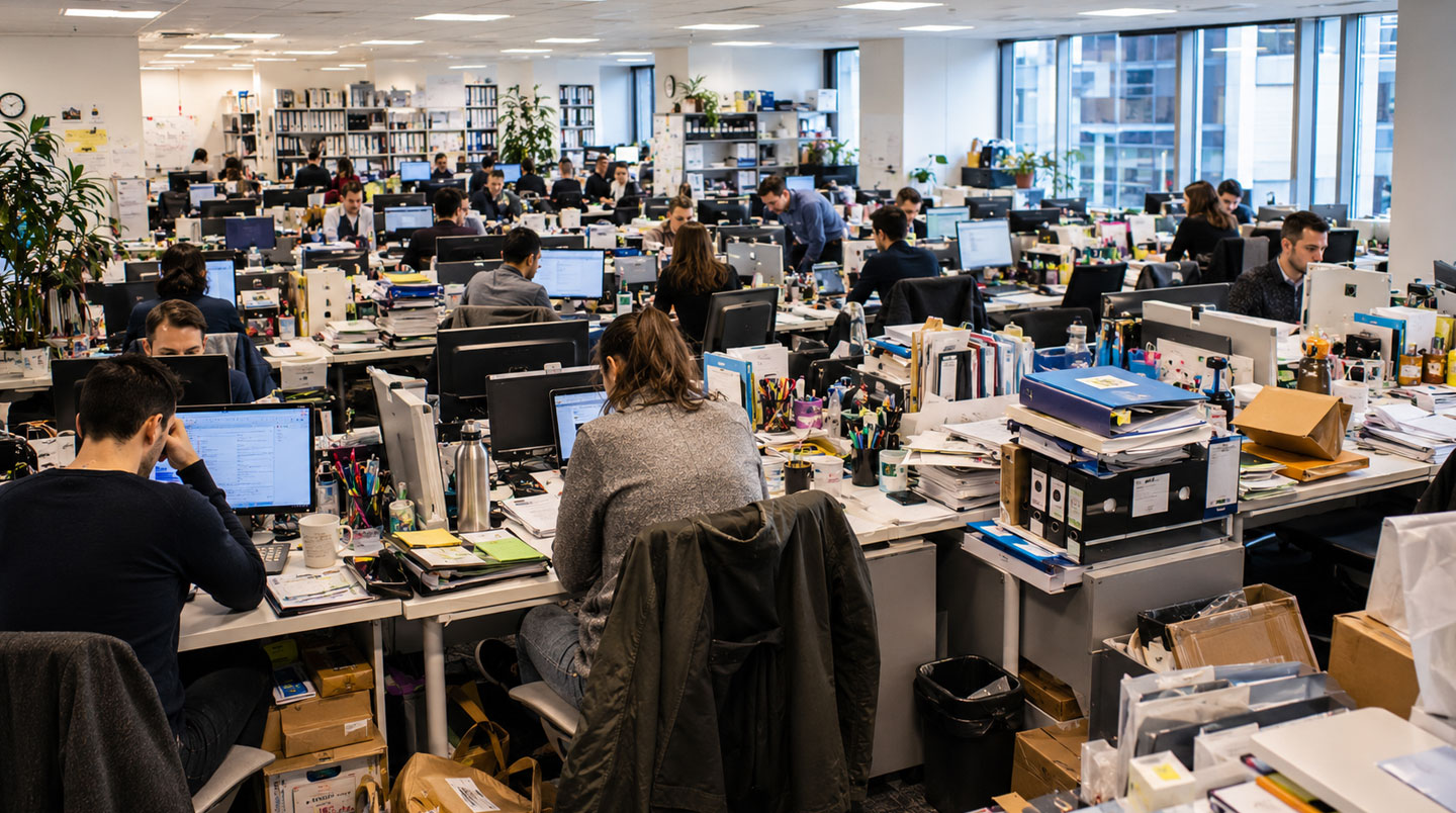 Plateau de bureaux français en saturation avec postes de travail adjacents sans séparation, collaborateurs debout dans les circulations et documents empilés