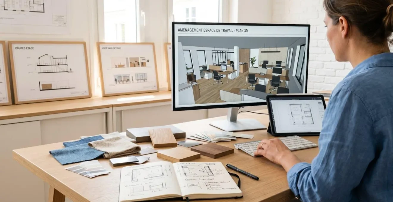 Bureau d'architecte avec écran affichant rendu 3D de bureaux, échantillons matériaux et plans techniques, main professionnelle pointant un détail à l'écran