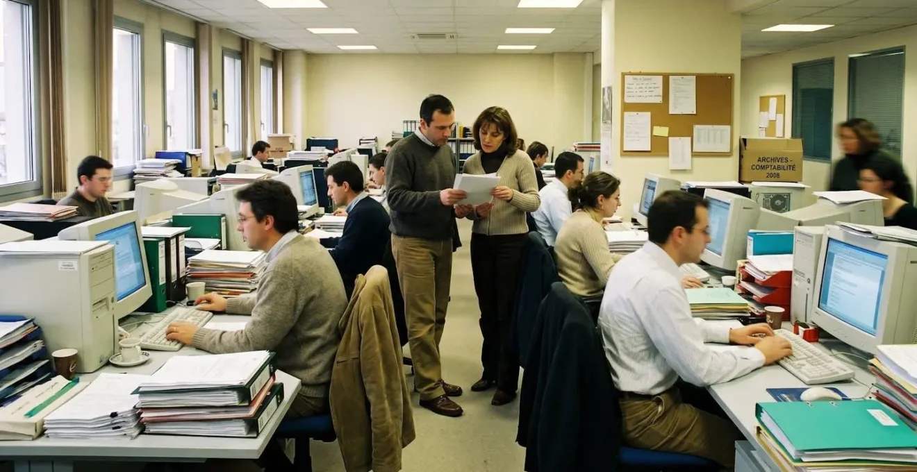 Plateau de bureaux français en saturation avec postes de travail adjacents sans séparation, collaborateurs debout dans les circulations et documents empilés