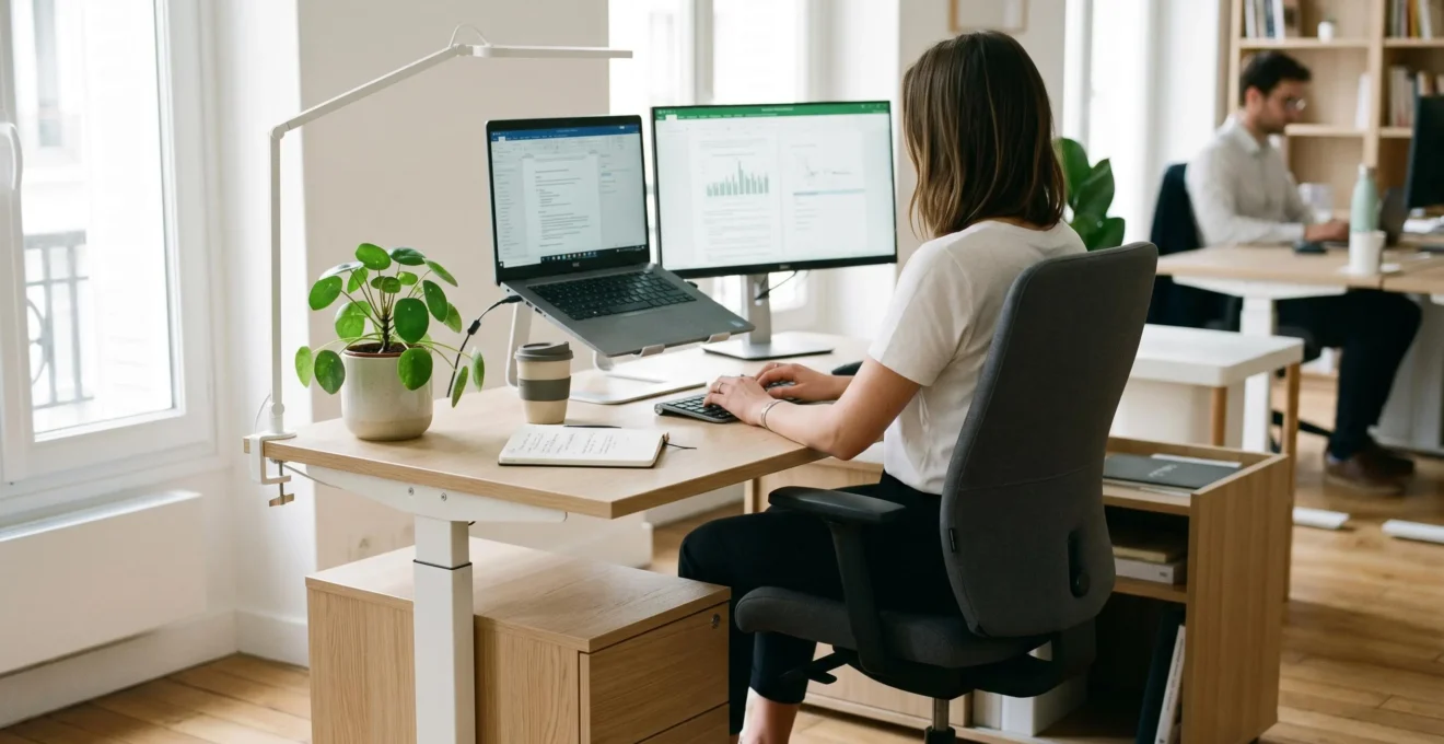 Poste de travail ergonomique en usage avec collaborateur de dos, fauteuil réglable, bureau assis-debout, éclairage adapté et lumière naturelle latérale