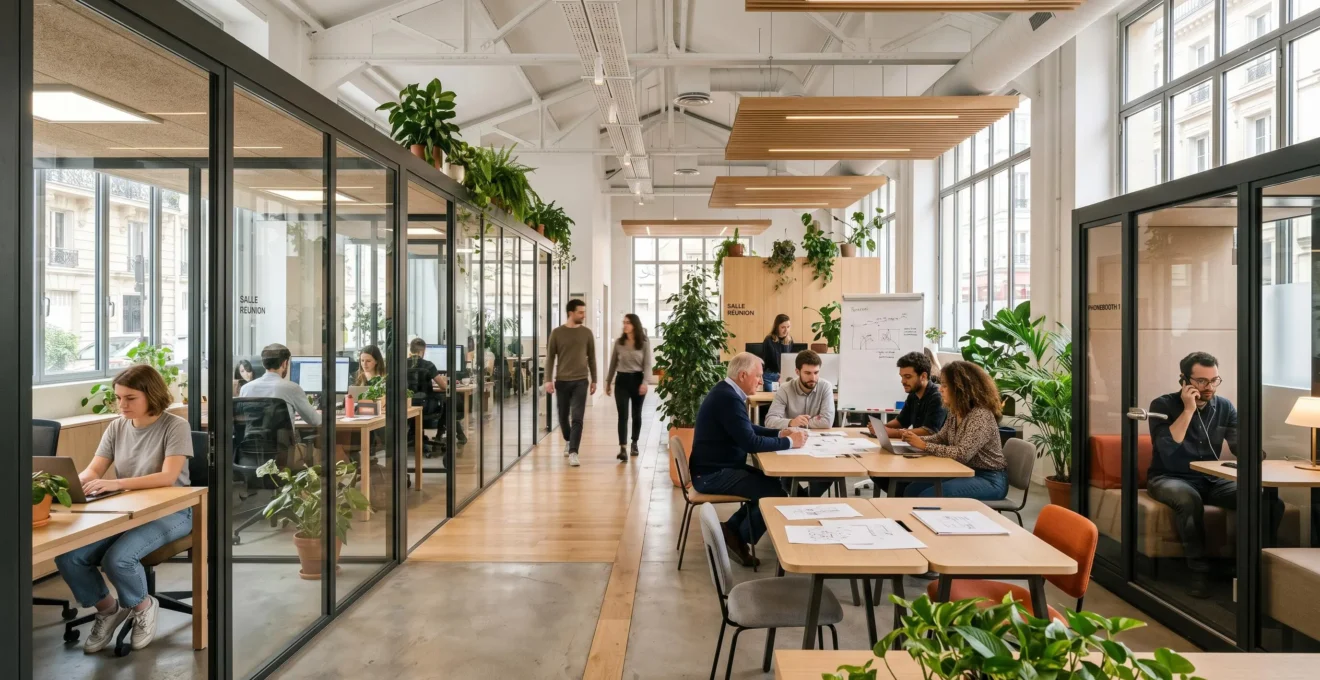 Vue panoramique d'un plateau de bureaux moderne avec zones différenciées : bureaux vitrés, espace collaboratif central et phoneboxes, baigné de lumière naturelle, avec collaborateurs en activité