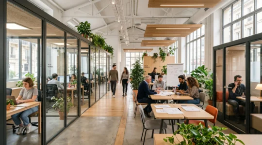 Vue panoramique d'un plateau de bureaux moderne avec zones différenciées : bureaux vitrés, espace collaboratif central et phoneboxes, baigné de lumière naturelle, avec collaborateurs en activité