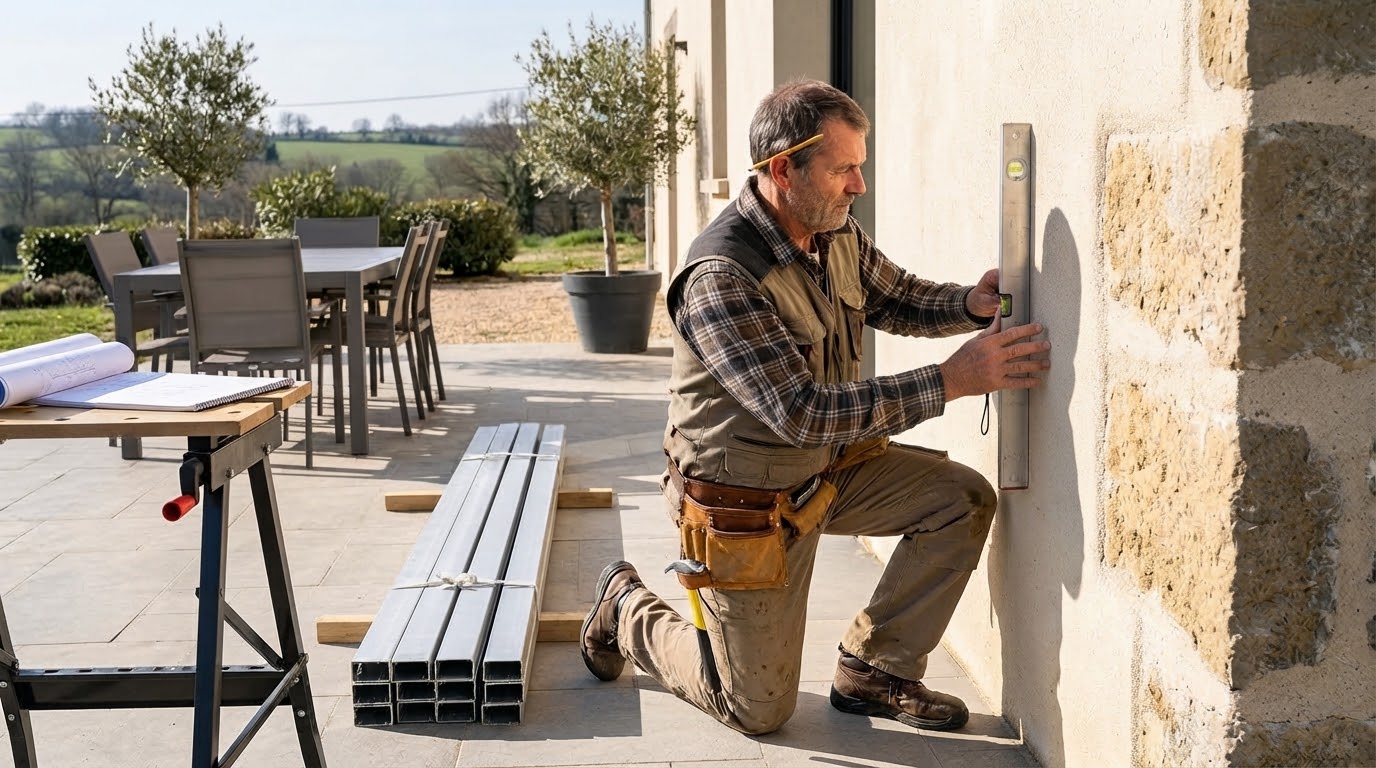 Un bricoleur prenant des mesures un mur de maison avec un mètre et un niveau à bulle avant la fixation d'une pergola