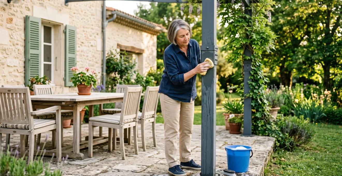 Une femme nettoyant les poteaux d'une pergola métallique avec une éponge et de l'eau savonneuse sur une terrasse