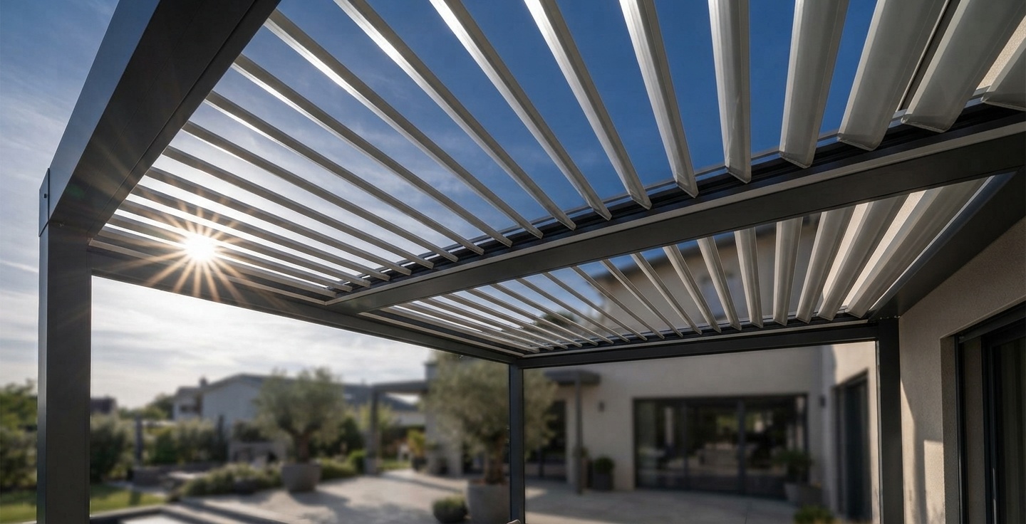 Gros plan sur le mécanisme de lames orientables en aluminium d'une pergola bioclimatique, montrant le système de rotation avec une main ajustant l'angle des lames