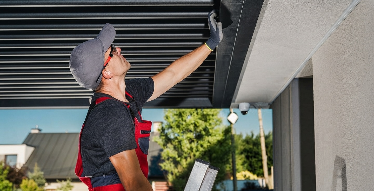 Professionnel fixant les supports muraux d'une pergola bioclimatique sur une façade en béton, utilisant une perceuse-visseuse professionnelle avec vérification du niveau horizontal
