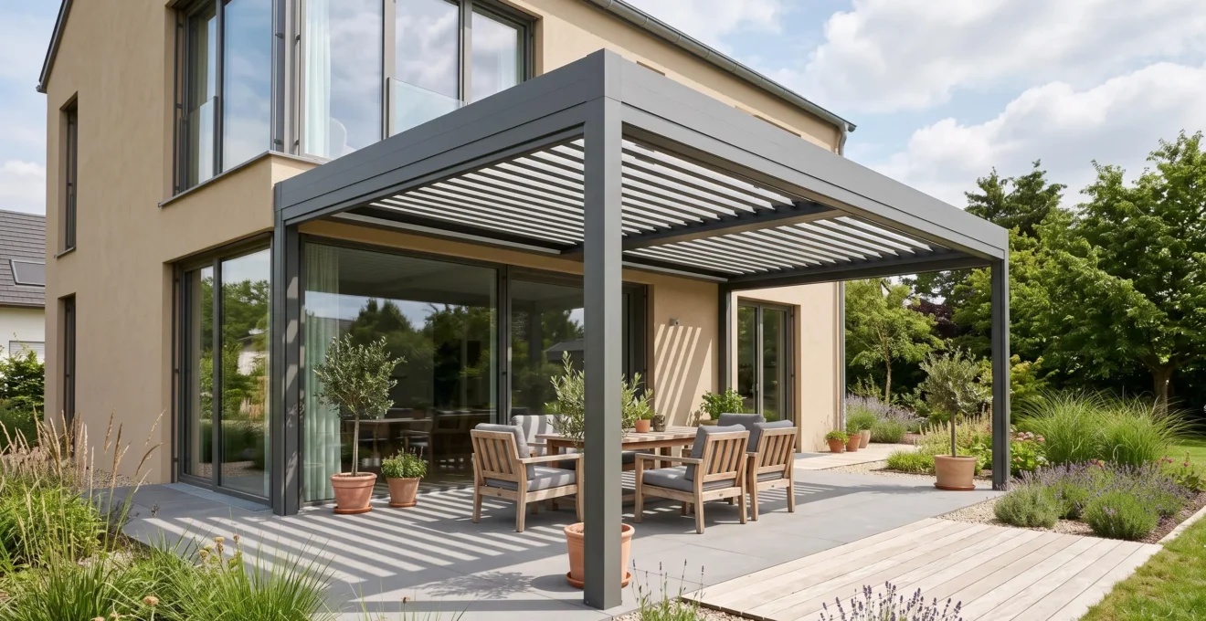 Pergola bioclimatique moderne en aluminium anthracite adossée à une maison contemporaine, avec lames orientables partiellement ouvertes créant un espace terrasse ombragé