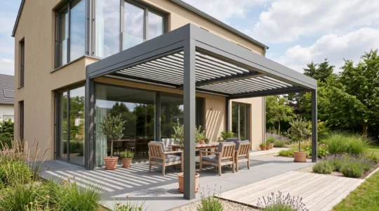 Pergola bioclimatique moderne en aluminium anthracite adossée à une maison contemporaine, avec lames orientables partiellement ouvertes créant un espace terrasse ombragé