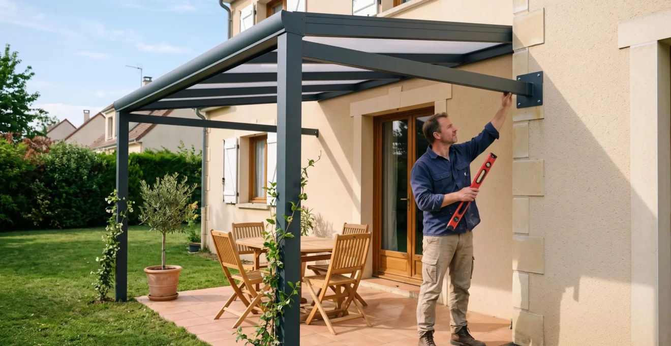 Pergola métallique anthracite adossée à la façade d'une maison, avec un homme vérifiant une fixation murale sous la structure