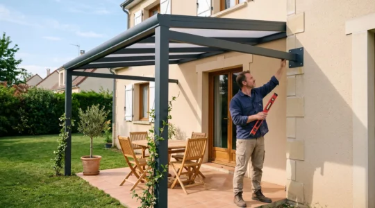 Pergola métallique anthracite adossée à la façade d'une maison, avec un homme vérifiant une fixation murale sous la structure